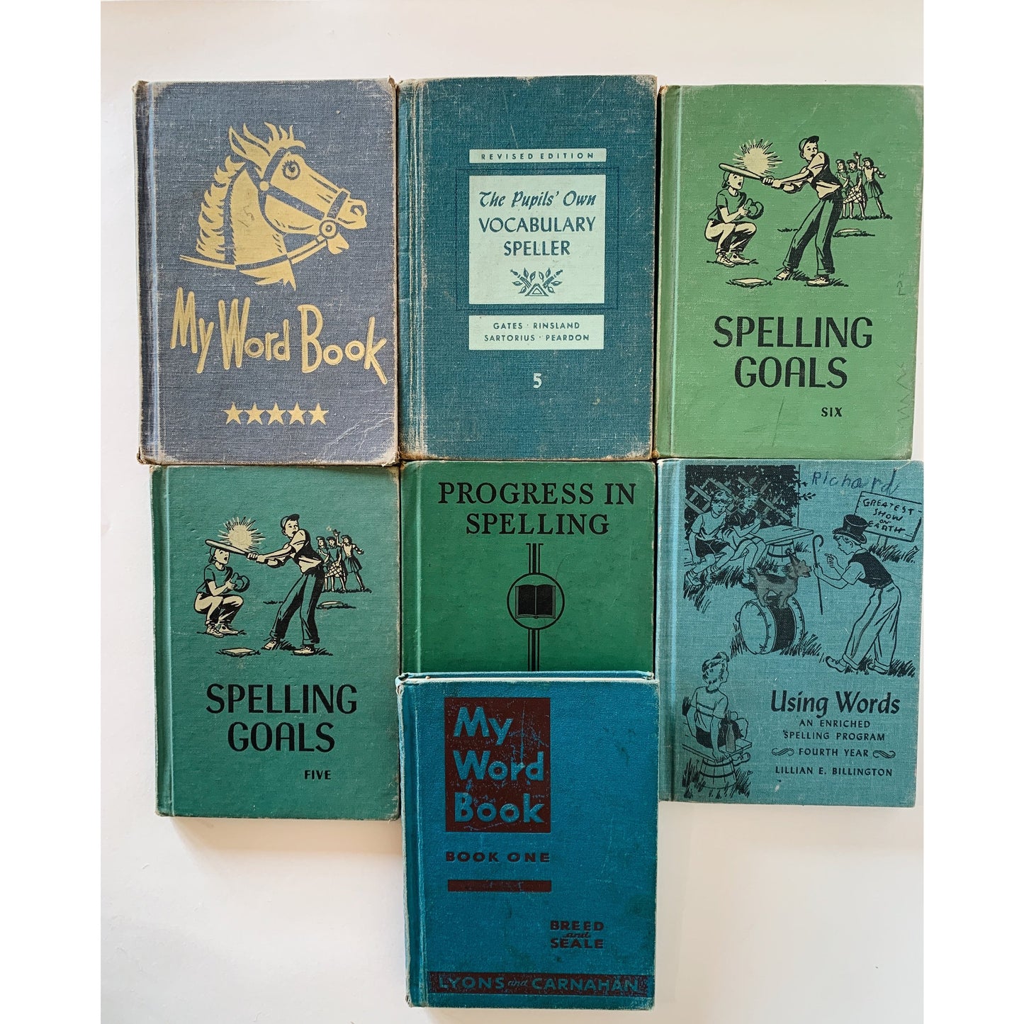 Vintage Spelling Textbook Set, Blue and Green Book Set for Classroom Decor