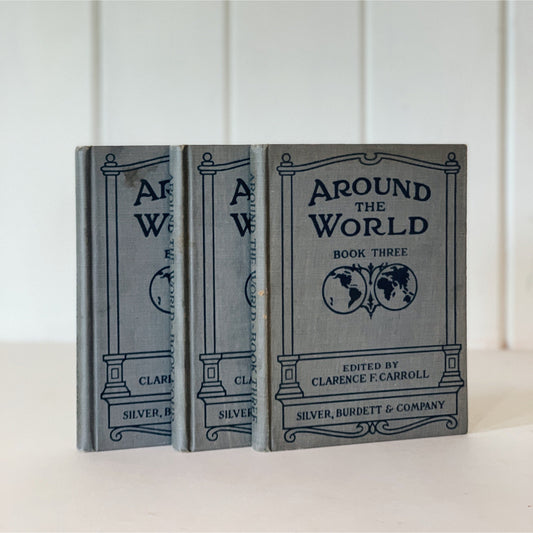 Around the World, Clarence F. Carroll, Antique Geography Textbook Set, Gray Book Set for Classroom Decor