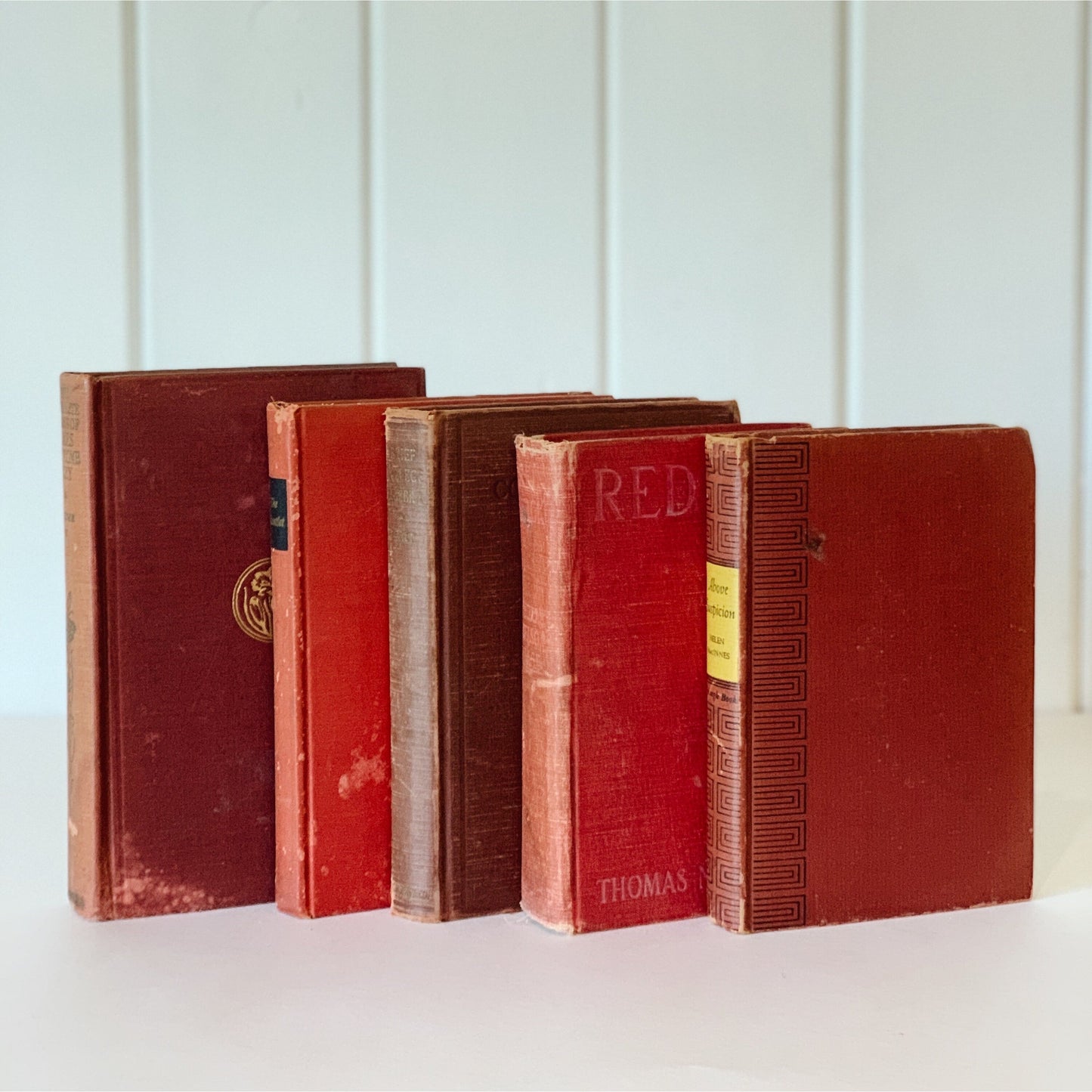 Vintage Red Shabby Books for Decor, Old Books for Bookshelf Decor, Farmhouse Shelf Styling