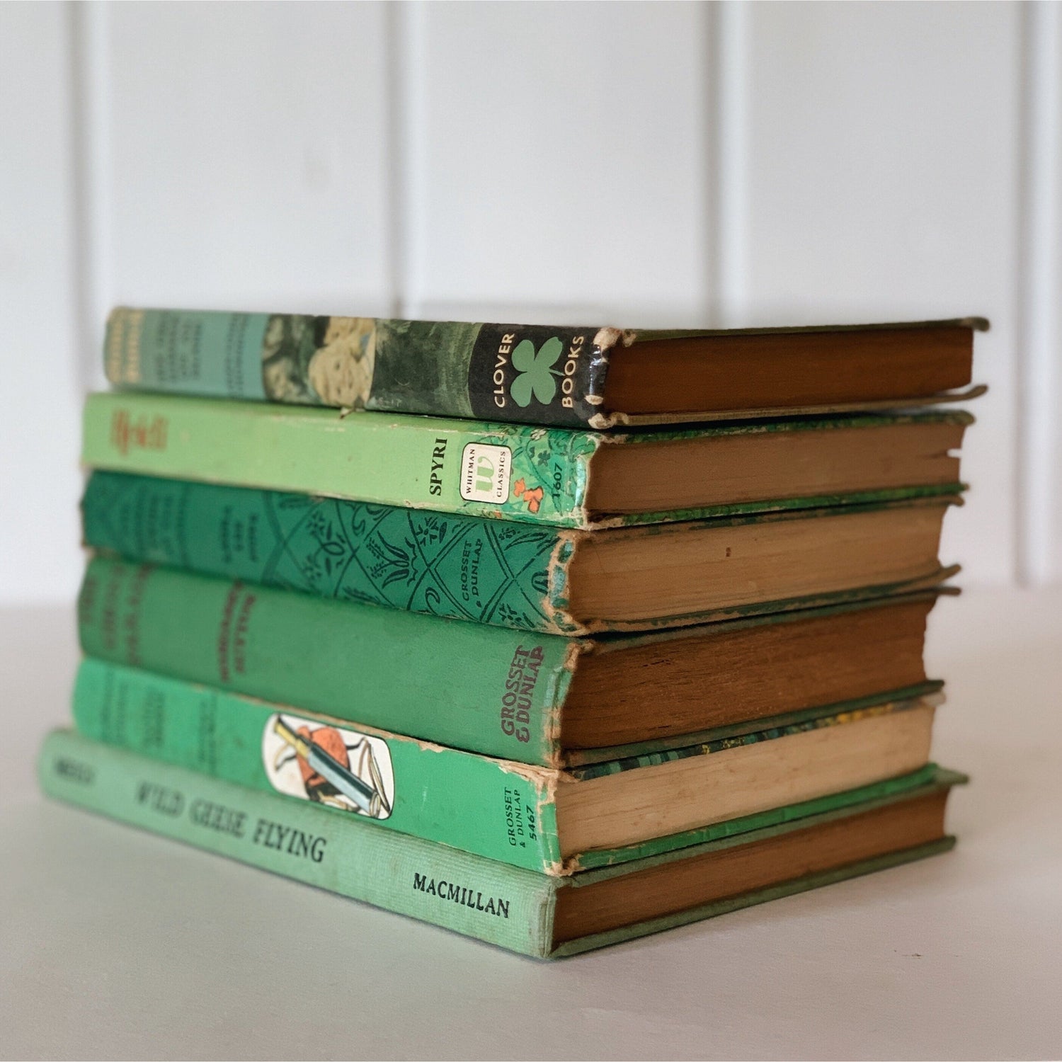Vintage Green Children's Books for Bookshelf Decor, Playroom Kids Room Styling