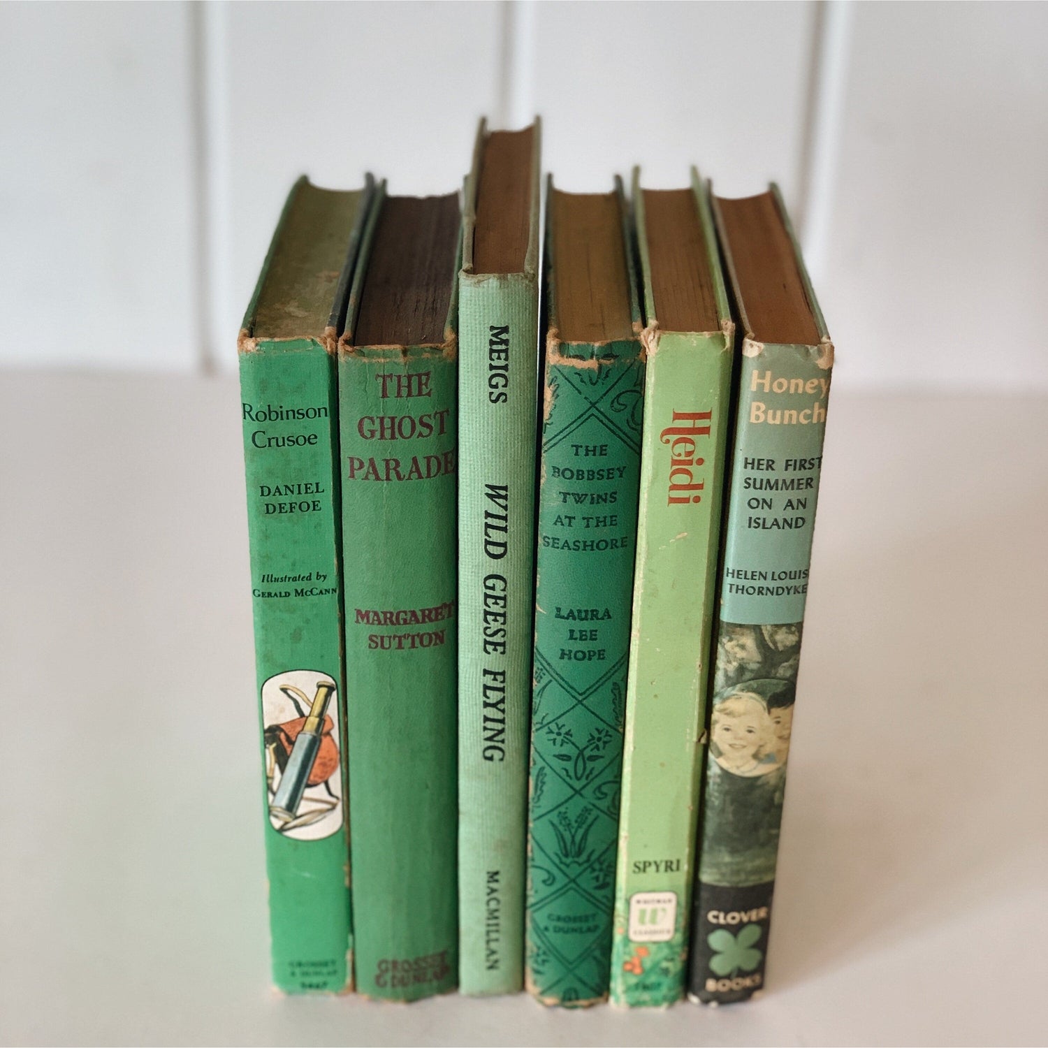 Vintage Green Children's Books for Bookshelf Decor, Playroom Kids Room Styling