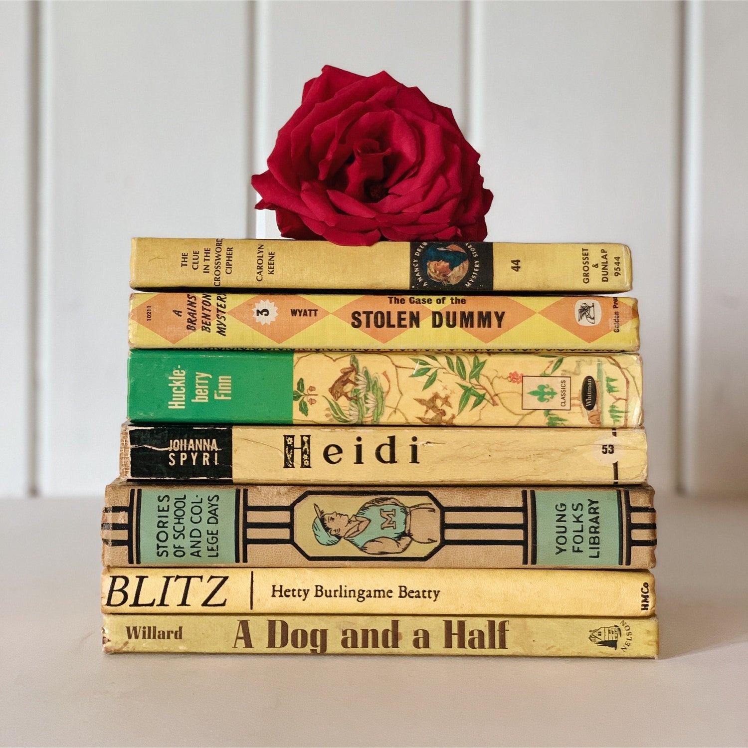 Decorative Vintage Yellow Book Set for Playroom Decor, Kids Books By Color for Shelf Styling