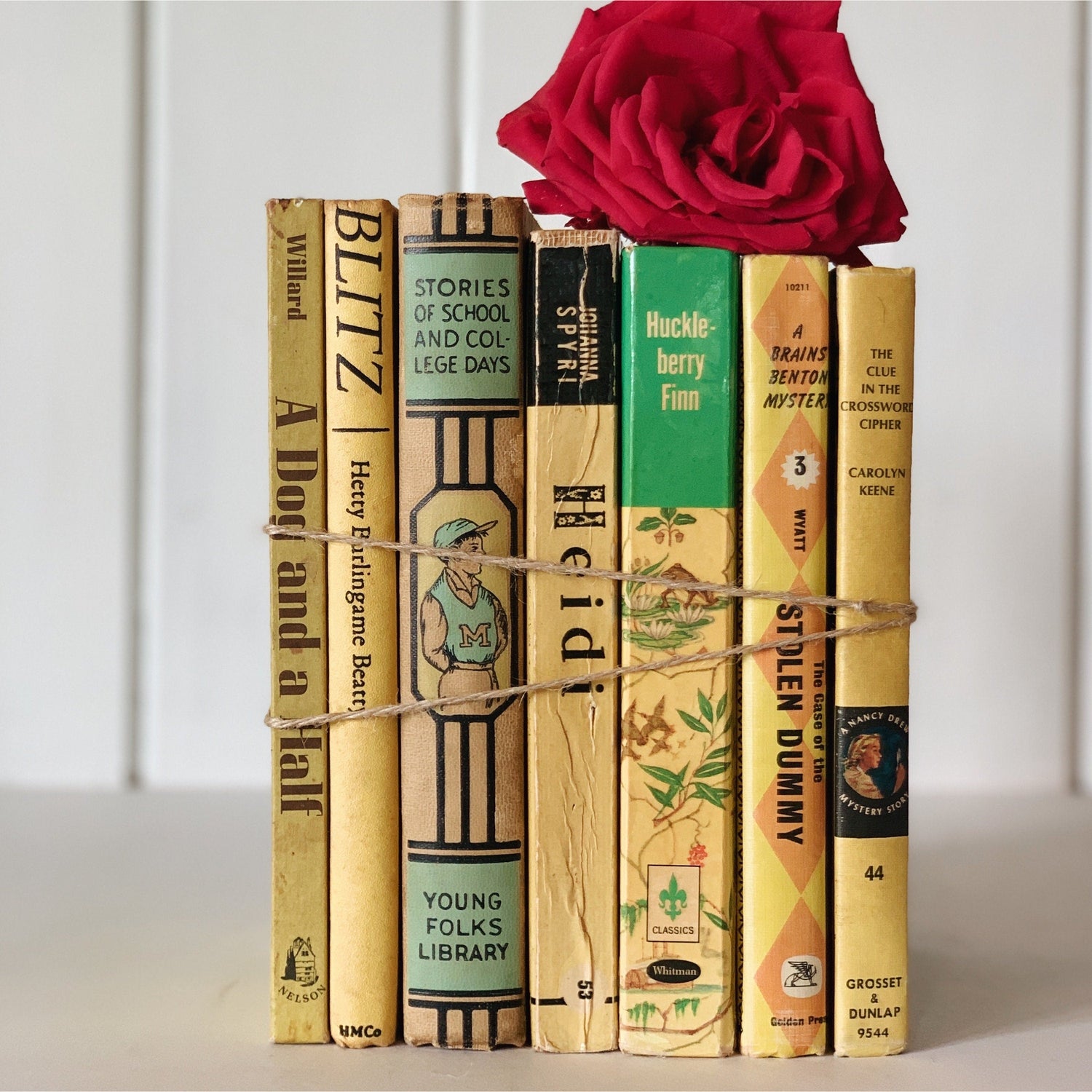 Decorative Vintage Yellow Book Set for Playroom Decor, Kids Books By Color for Shelf Styling