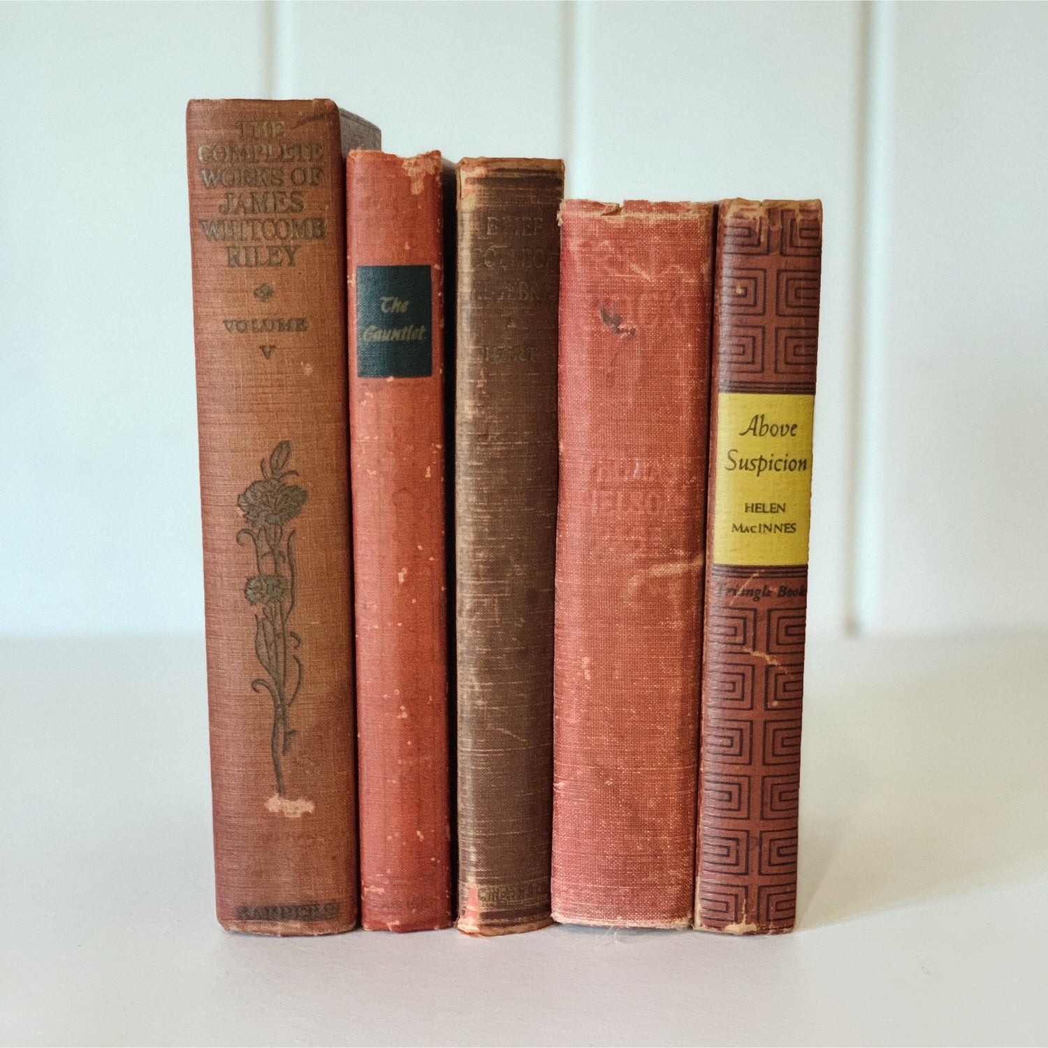 Vintage Red Shabby Books for Decor, Old Books for Bookshelf Decor, Farmhouse Shelf Styling