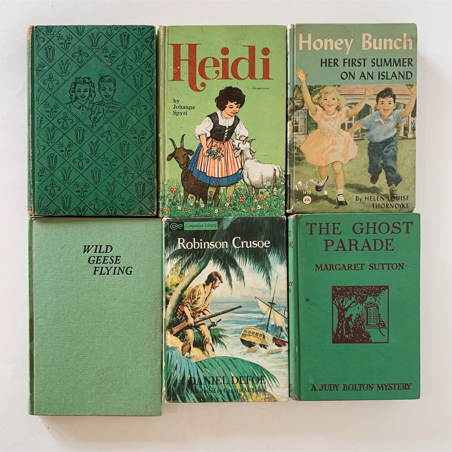 Vintage Green Children's Books for Bookshelf Decor, Playroom Kids Room Styling