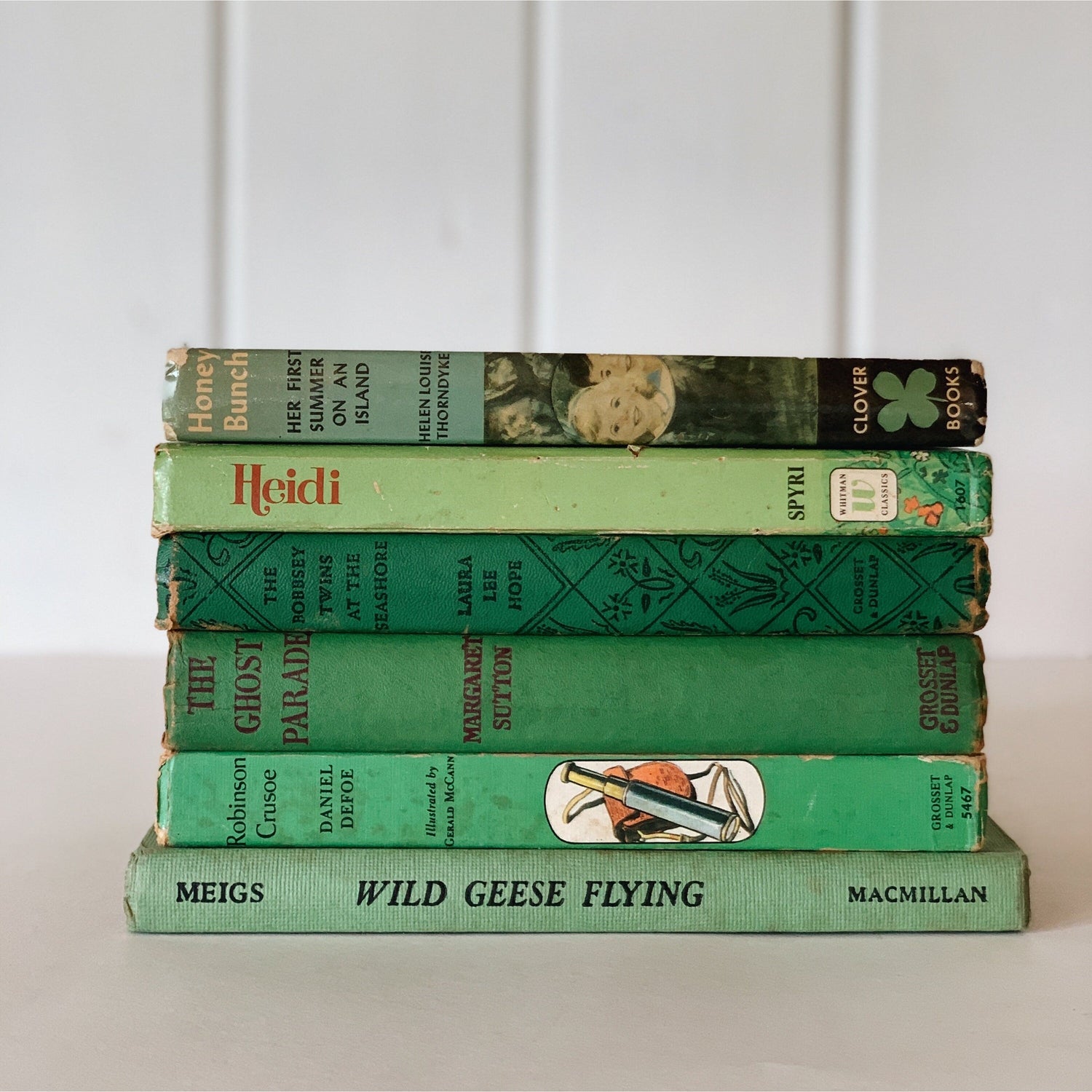 Vintage Green Children's Books for Bookshelf Decor, Playroom Kids Room Styling