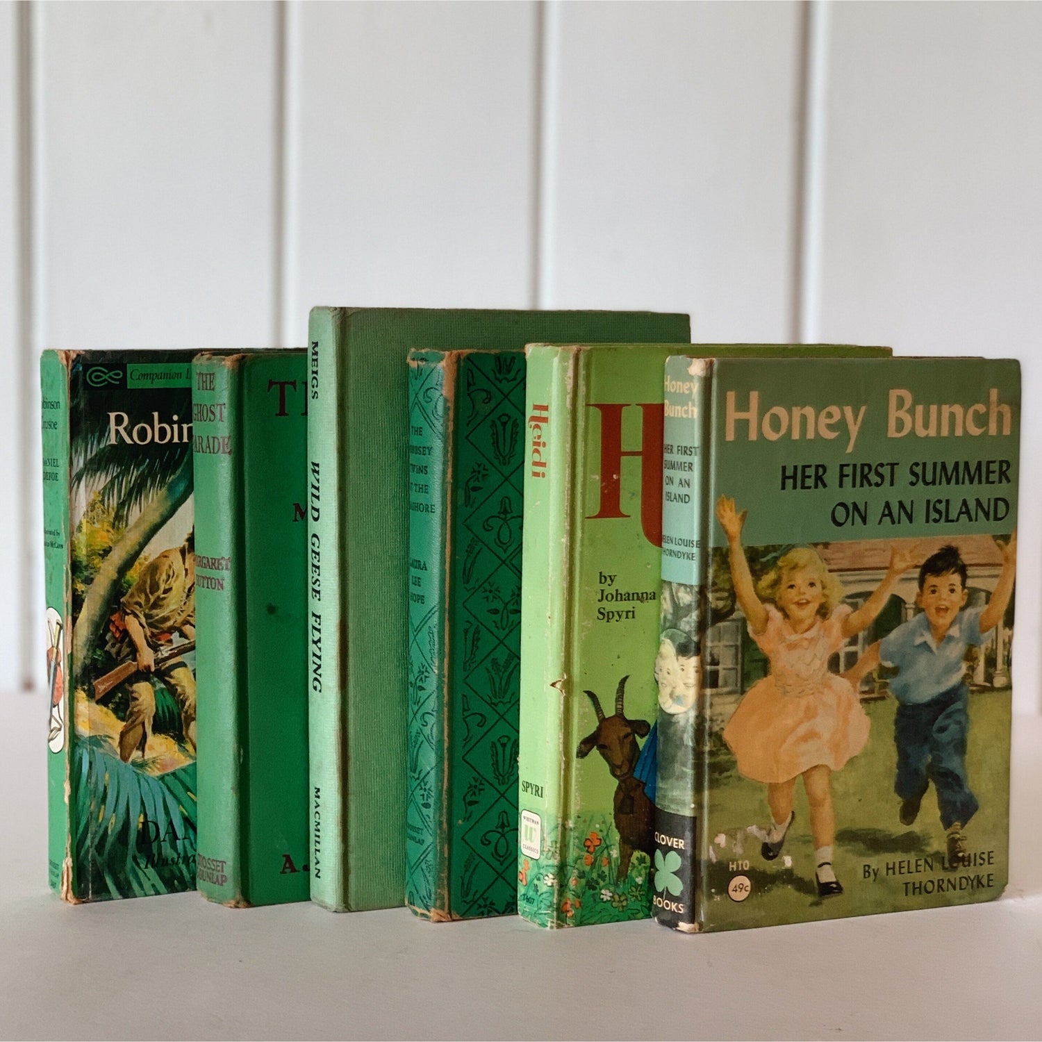 Vintage Green Children's Books for Bookshelf Decor, Playroom Kids Room Styling