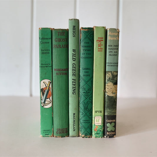 Vintage Green Children's Books for Bookshelf Decor, Playroom Kids Room Styling