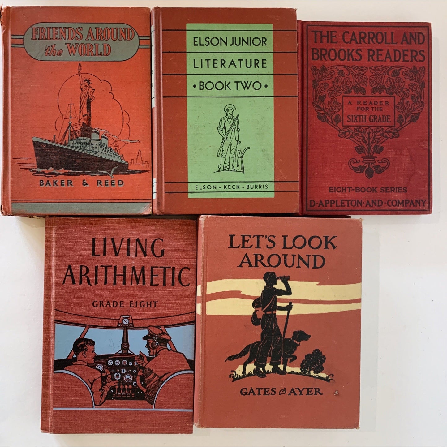 Vintage Cinnamon Red School Books, Classroom Decor Bookshelf Styling