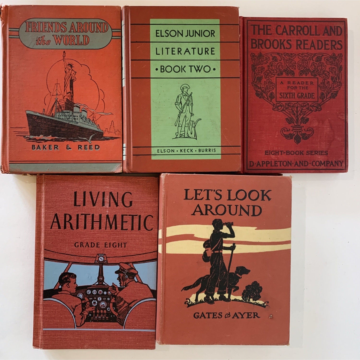 Vintage Cinnamon Red School Books, Classroom Decor Bookshelf Styling