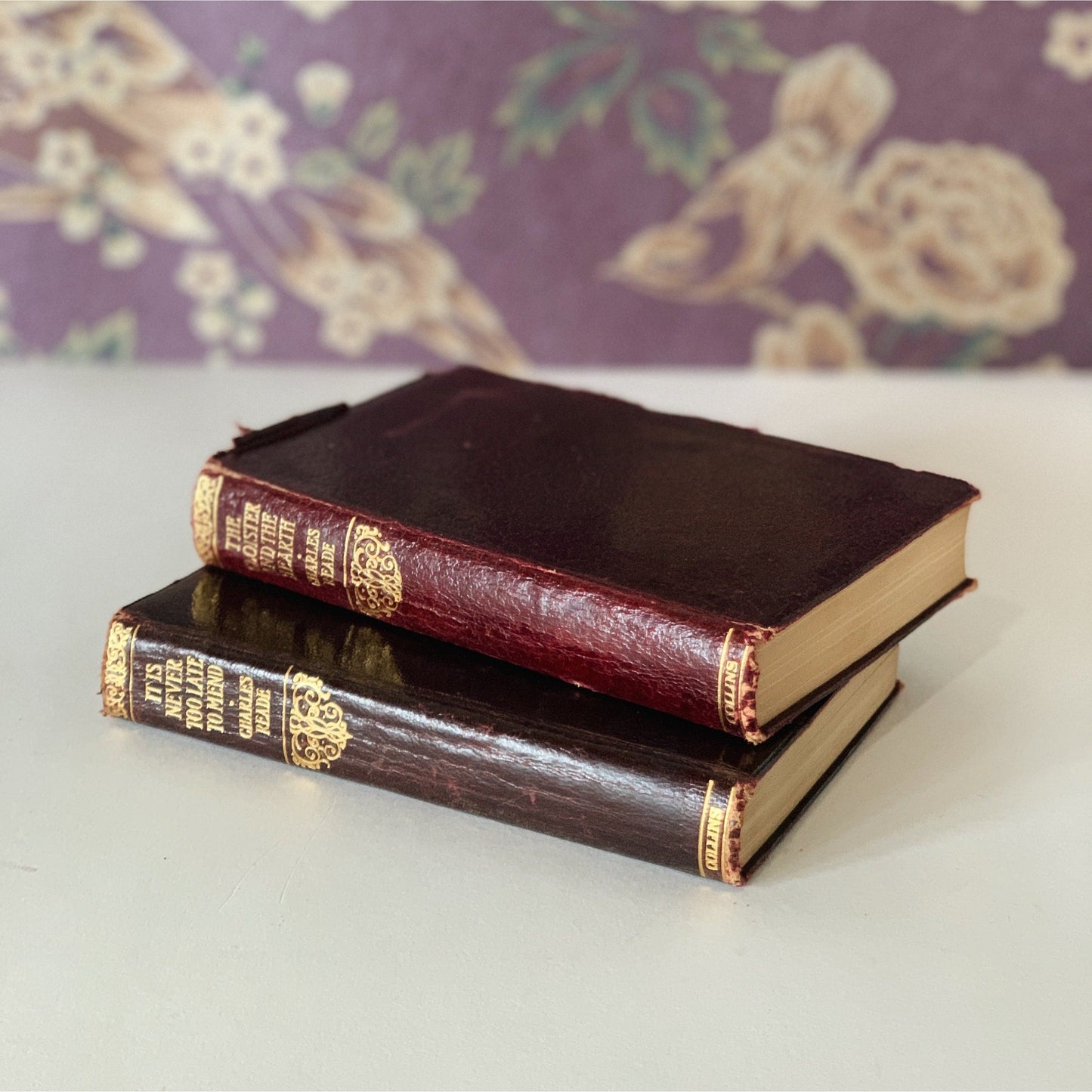 Antique Charles Reade Red Leather Book Set, Collins' Clear-Type Press
