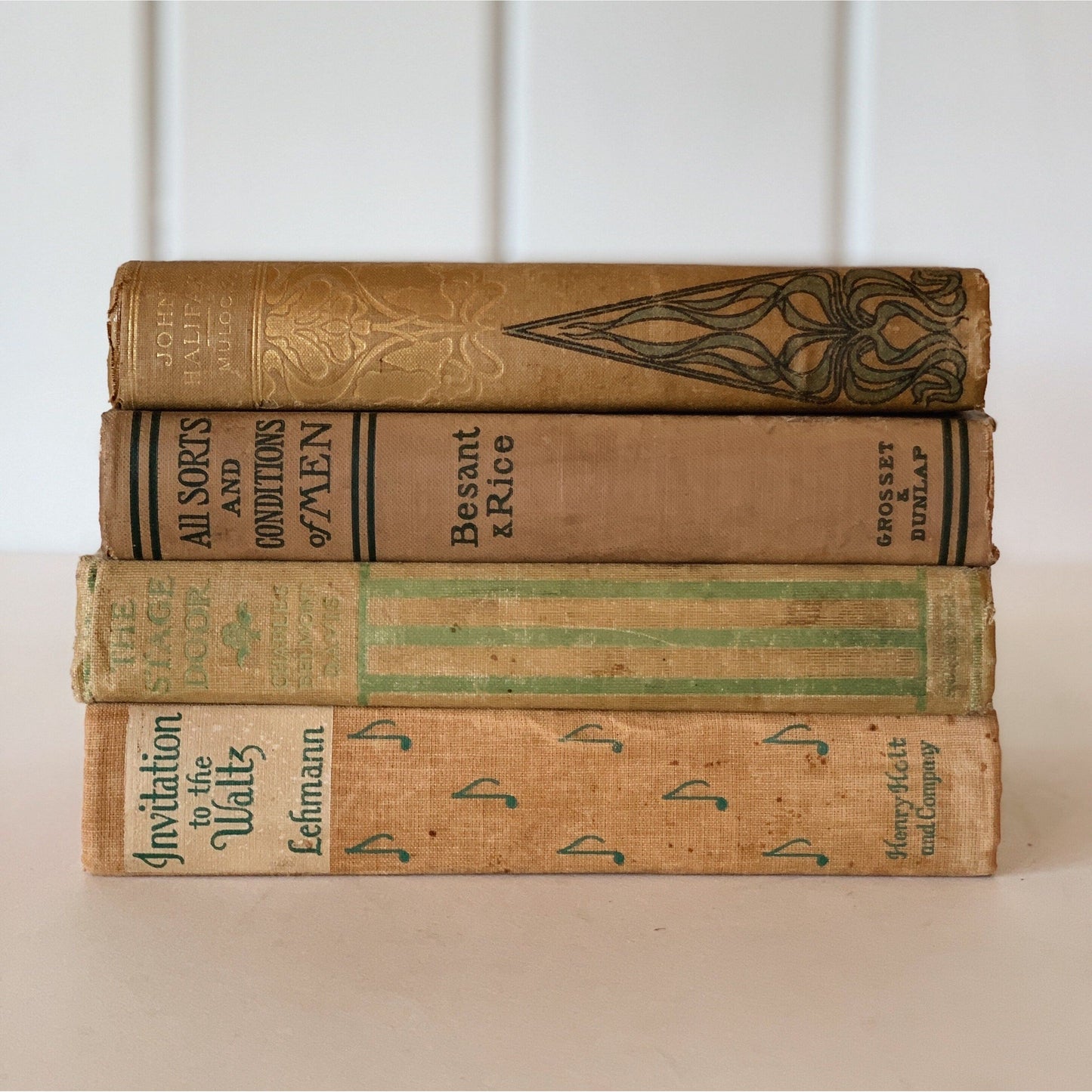 Antique Beige and Green Ornate Books for Shelf Styling, Cozy Faded Decorative Book Spines