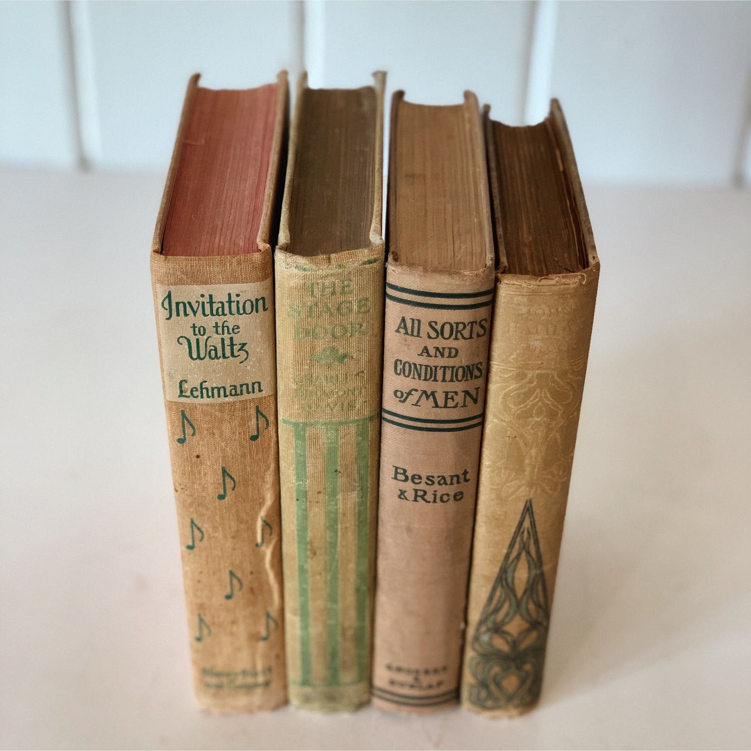 Antique Beige and Green Ornate Books for Shelf Styling, Cozy Faded Decorative Book Spines