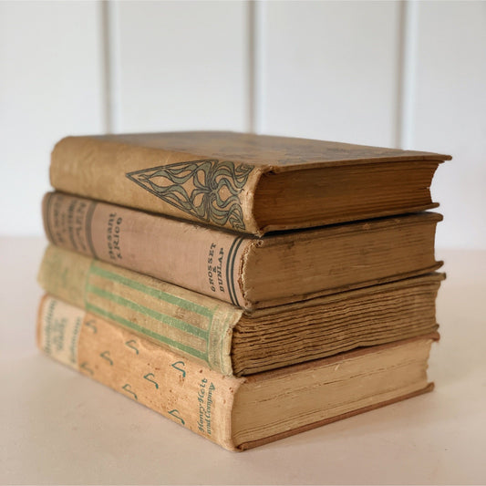 Antique Beige and Green Ornate Books for Shelf Styling, Cozy Faded Decorative Book Spines