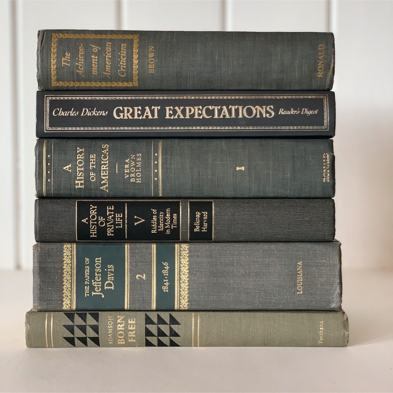 Gray Vintage Books, Old Books for Shelf Styling, Masculine Home Office Shelf Decor