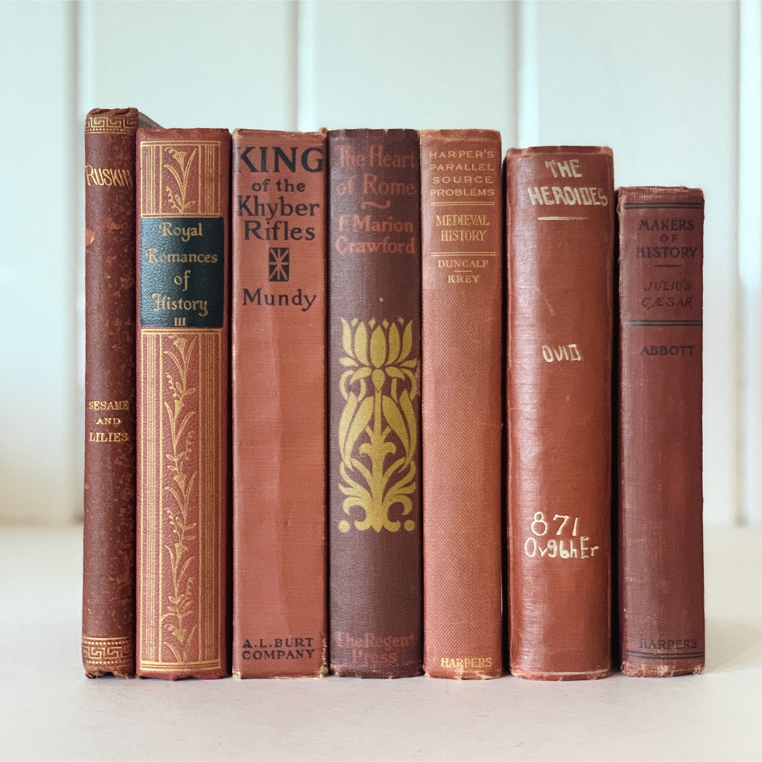 Antique Terra Cotta and Rust Red Decorative Books, Vintage Old Book Decor, Autumn Colors