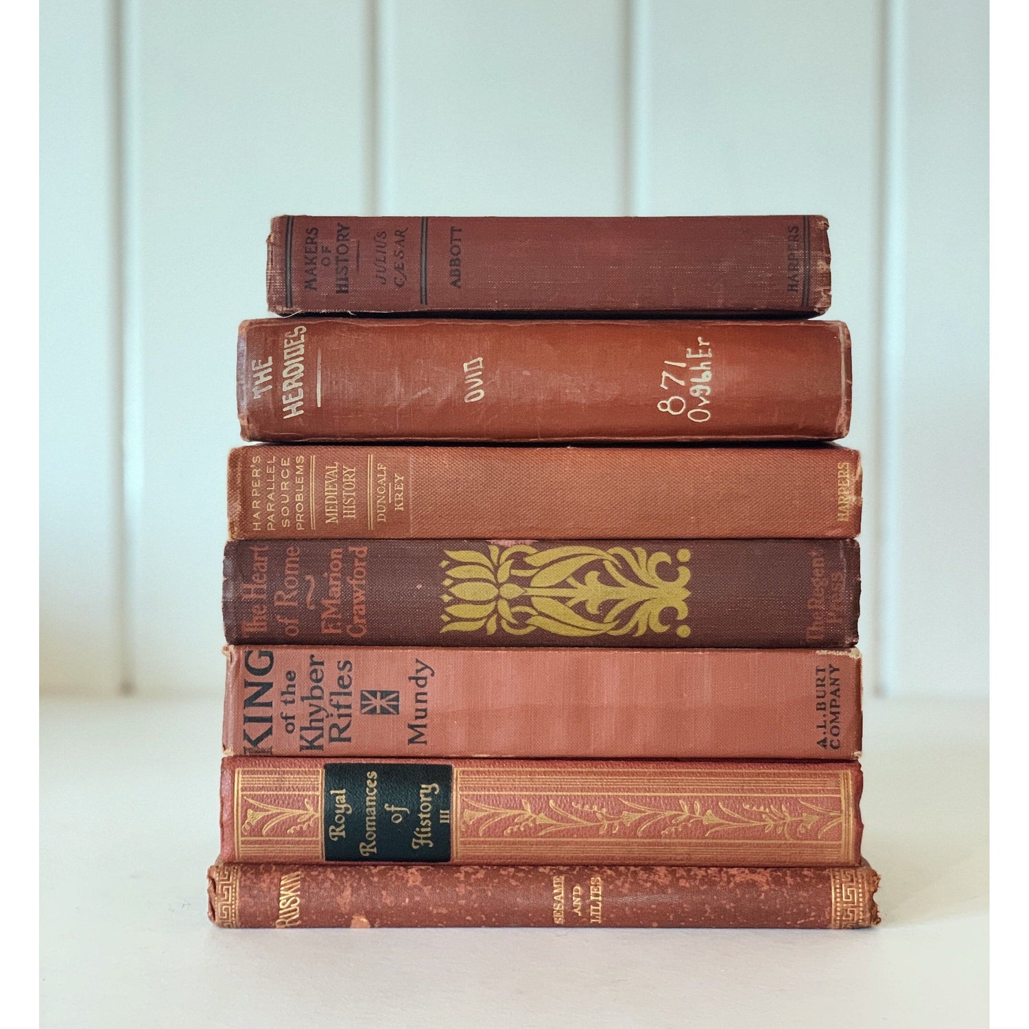 Antique Terra Cotta and Rust Red Decorative Books, Vintage Old Book Decor, Autumn Colors