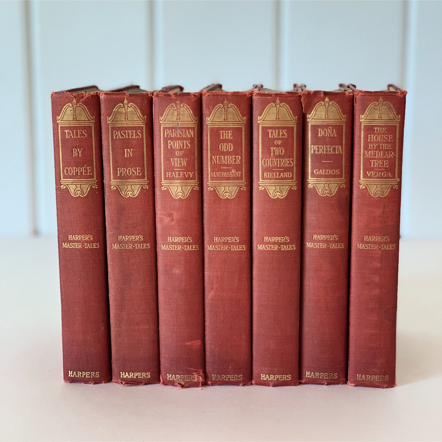 Harper's Master Tales, Small Antique Red Book Set, French Books, Red and Gold 1800s Books for Shelf Styling