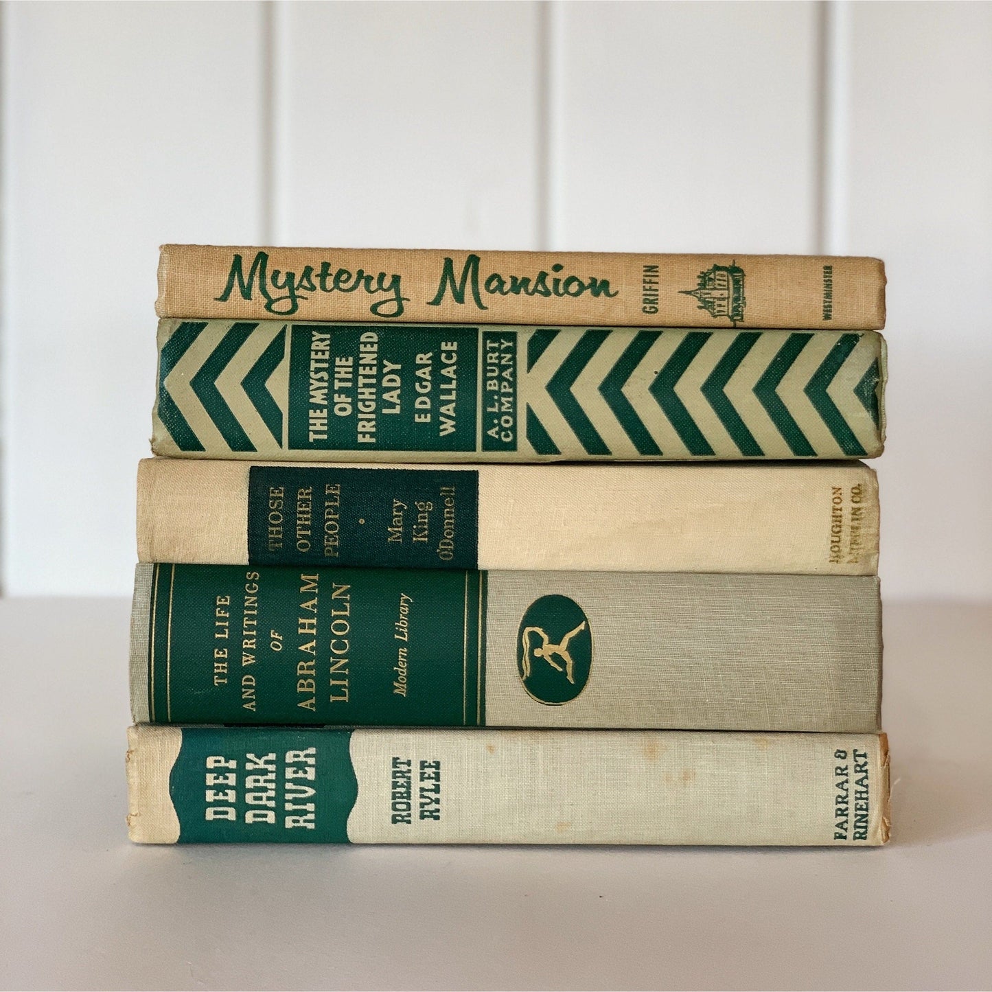 Beige and Green Decorative Books, Shabby Distressed Bookshelf Decor, Aesthetic Books for Home Office Decor
