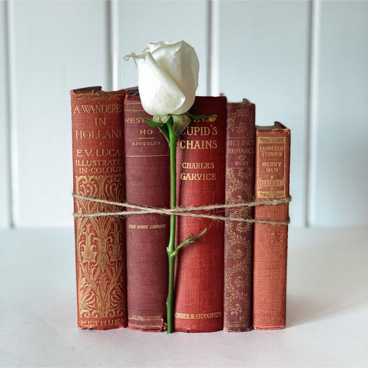 Antique Red and Gold Decorative Books for Decor, Rustic French Country Decor