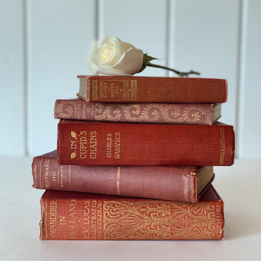 Antique Red and Gold Decorative Books for Decor, Rustic French Country Decor