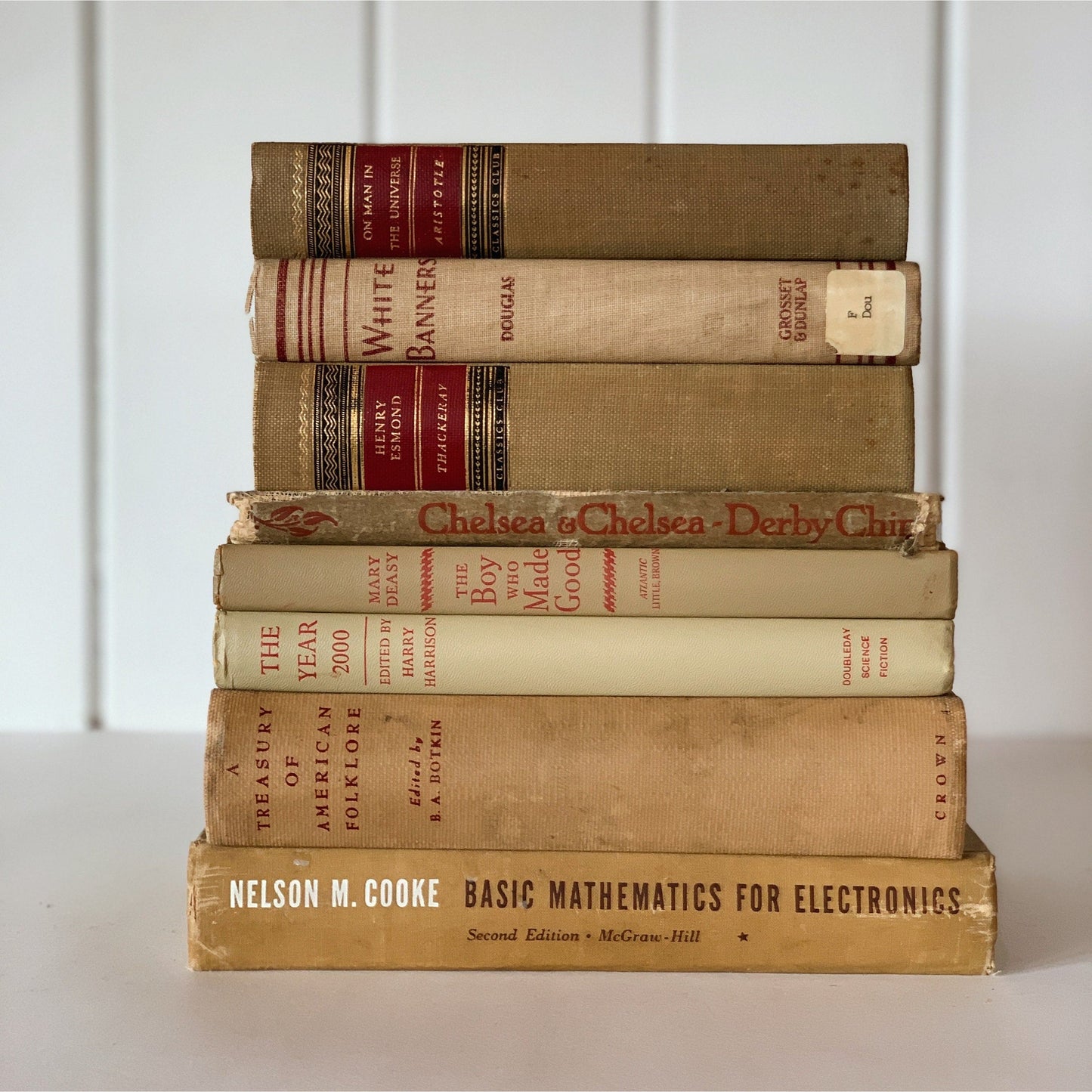 Beige and Red Book Collection, Vintage Decorative Books, Mid-Century Modern Handmade Decor, Cozy Faded Neutral Book Set for Shelf Styling