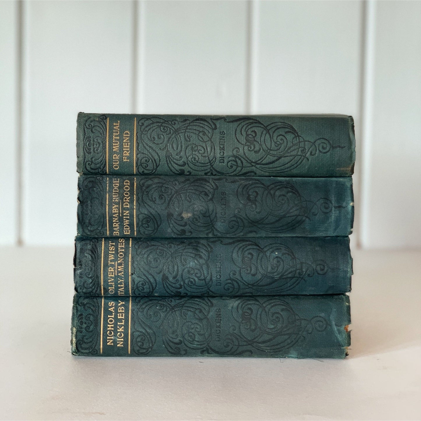 Shabby Antique Green Charles Dickens Books for Display