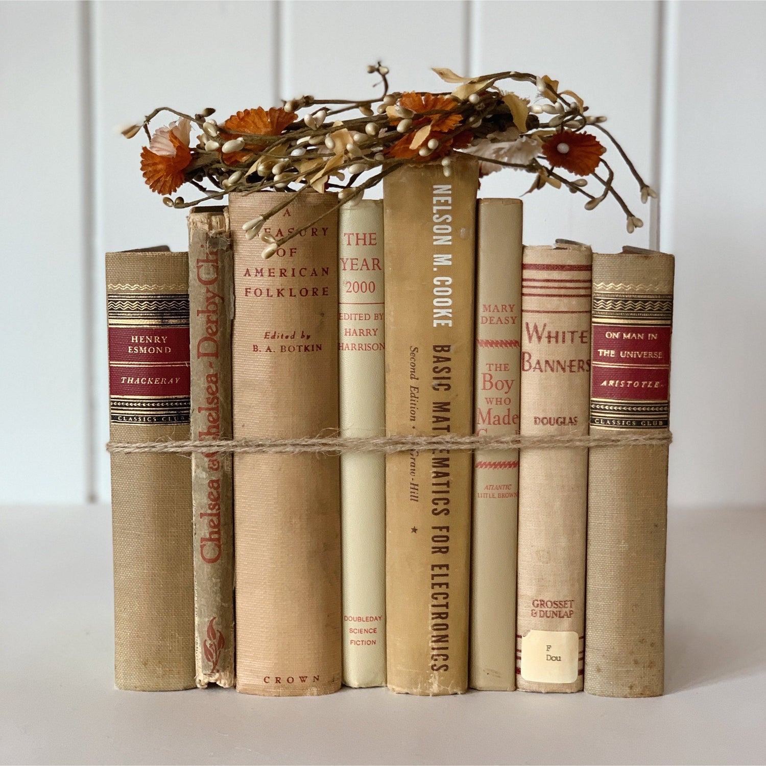 Beige and Red Book Collection, Vintage Decorative Books, Mid-Century Modern Handmade Decor, Cozy Faded Neutral Book Set for Shelf Styling
