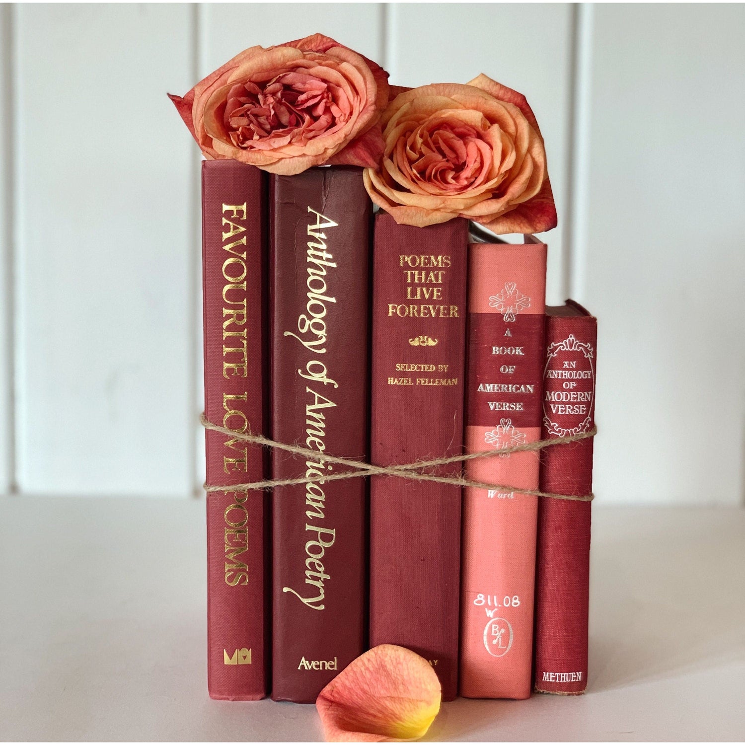 Red and Pink Poetry and Literature Books for Decor, Vintage Book Bundle