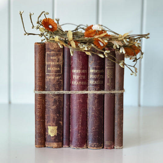 Red Antique Distressed School Book Bundle, Shabby Shelf Styling