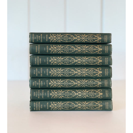 Antique Green Book Set, Bret Harte, Seven Volumes, Old Green and Gold Ornate Books
