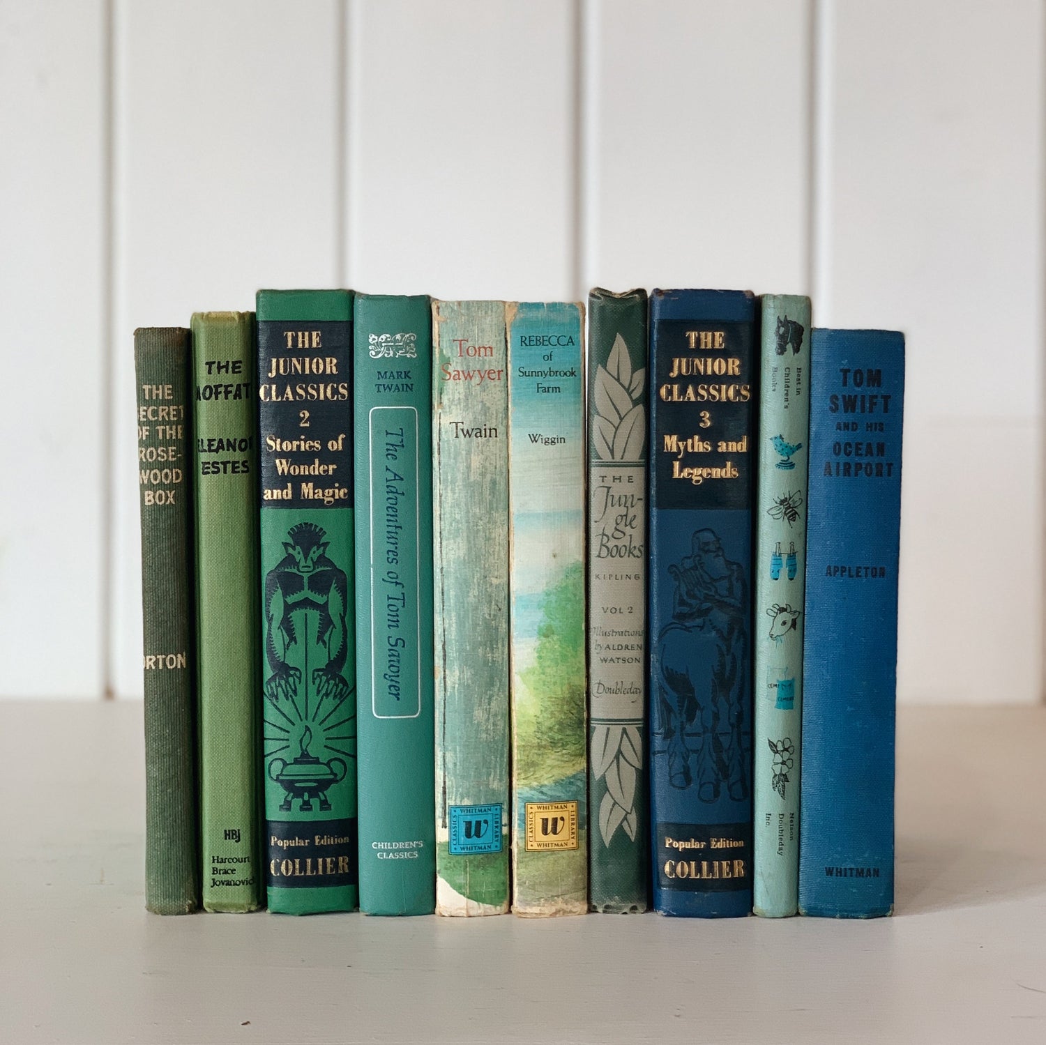 Vintage Green and Blue Children's Books for Bookshelf Decor, Playroom Kids Room Styling