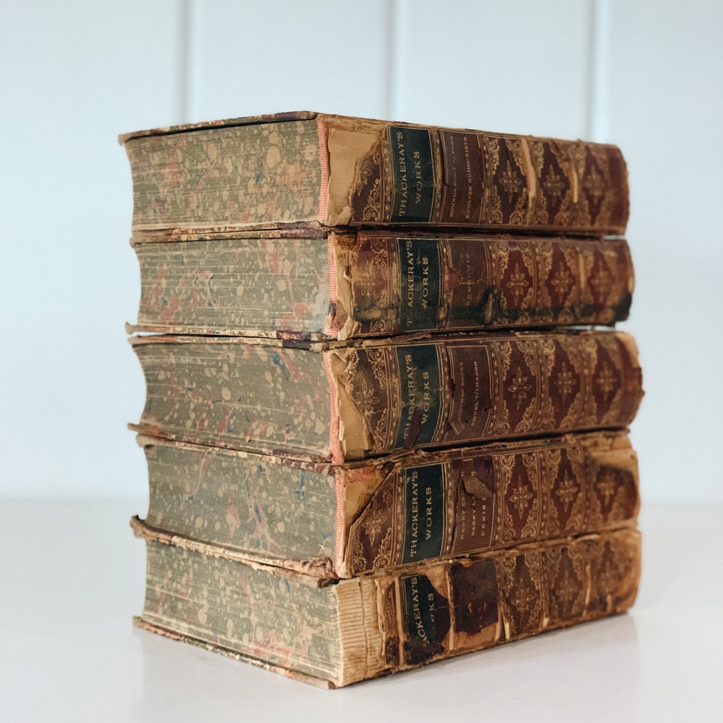 Thackeray’s Complete Works Illustrated, 1859, Shabby Distressed Antique Leather Books