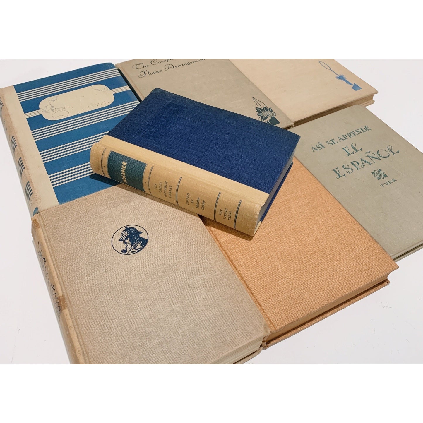 Decorative Books, Blue and Beige Vintage Books for Decor, Bookshelf Decor