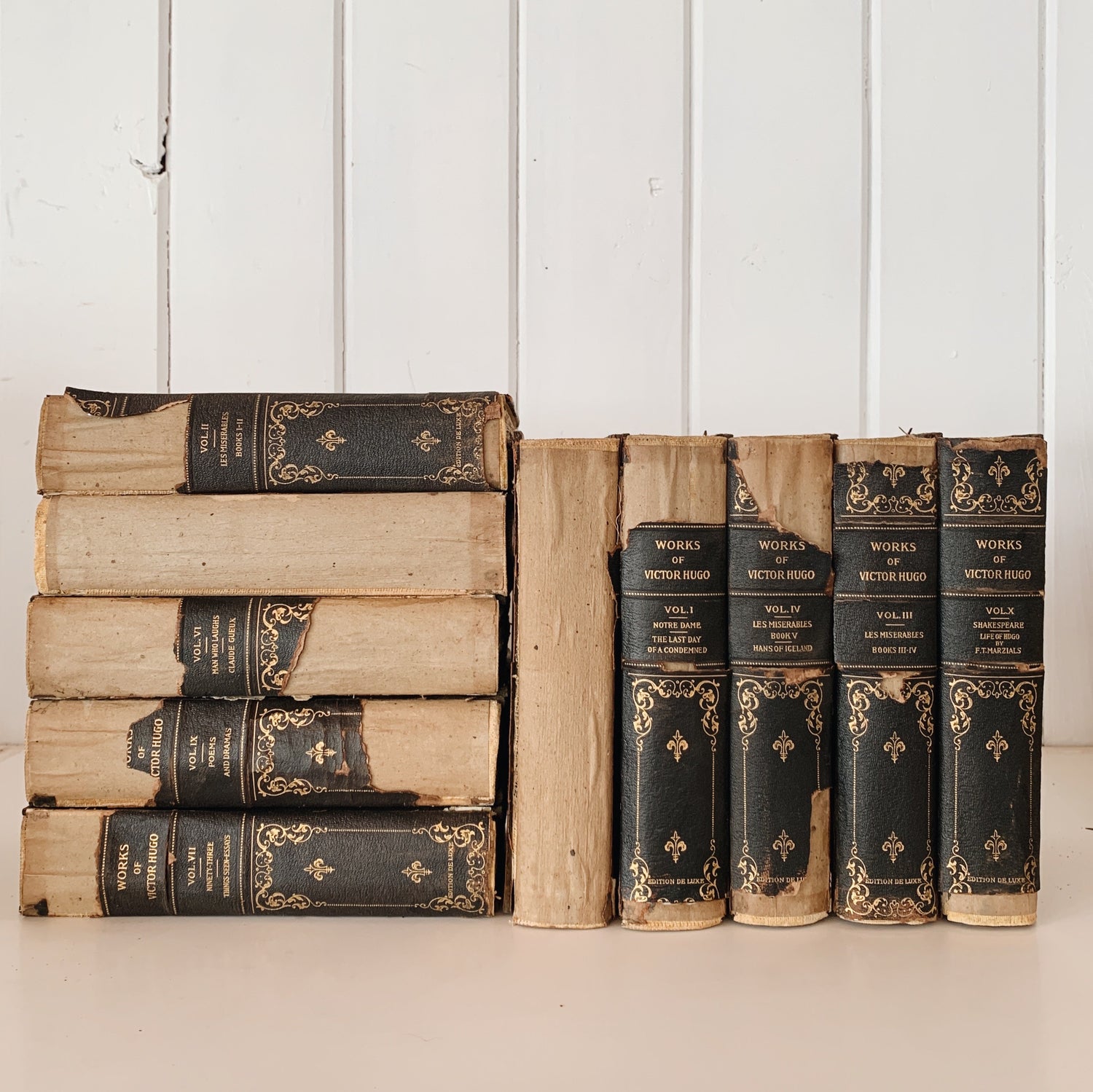 The Works of Victor Hugo, The Chesterfield Society, Edition D Luxe, Black and Beige Shabby Distressed Book Set, French Country