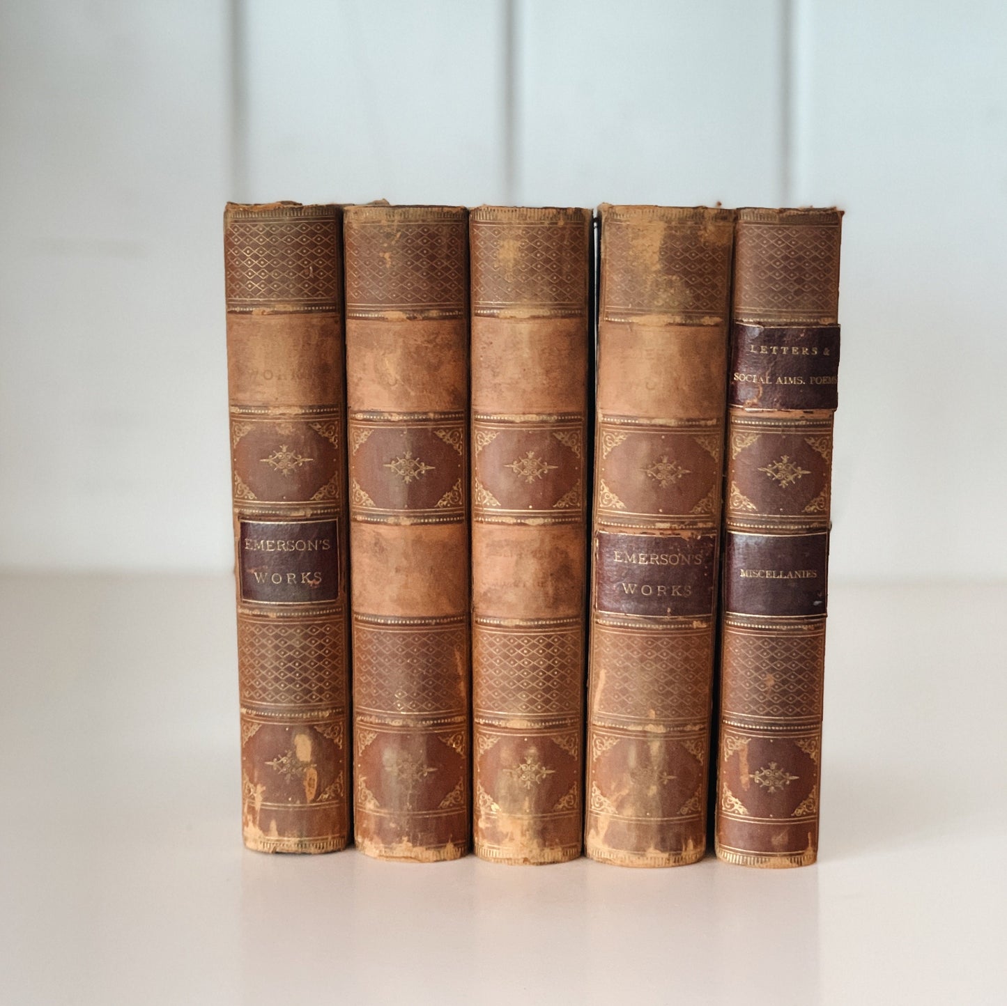 Works of Ralph Waldo Emerson in Five Volumes, 1882, Leather Bound Book Set