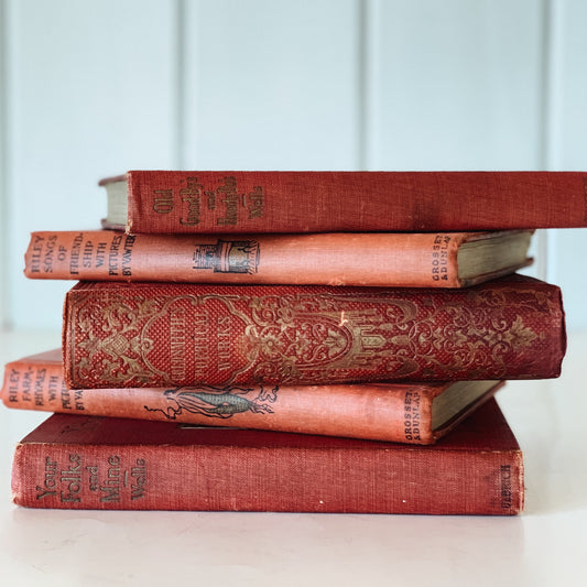 Antique Red and Gold Poetry Book Bundle, James Whitcomb Riley, Oliver Goldsmith, John D. Wells