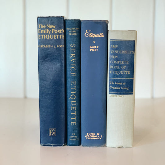 Mid Century Modern Blue Etiquette Book Bundle, Vintage Books for Shelf Styling