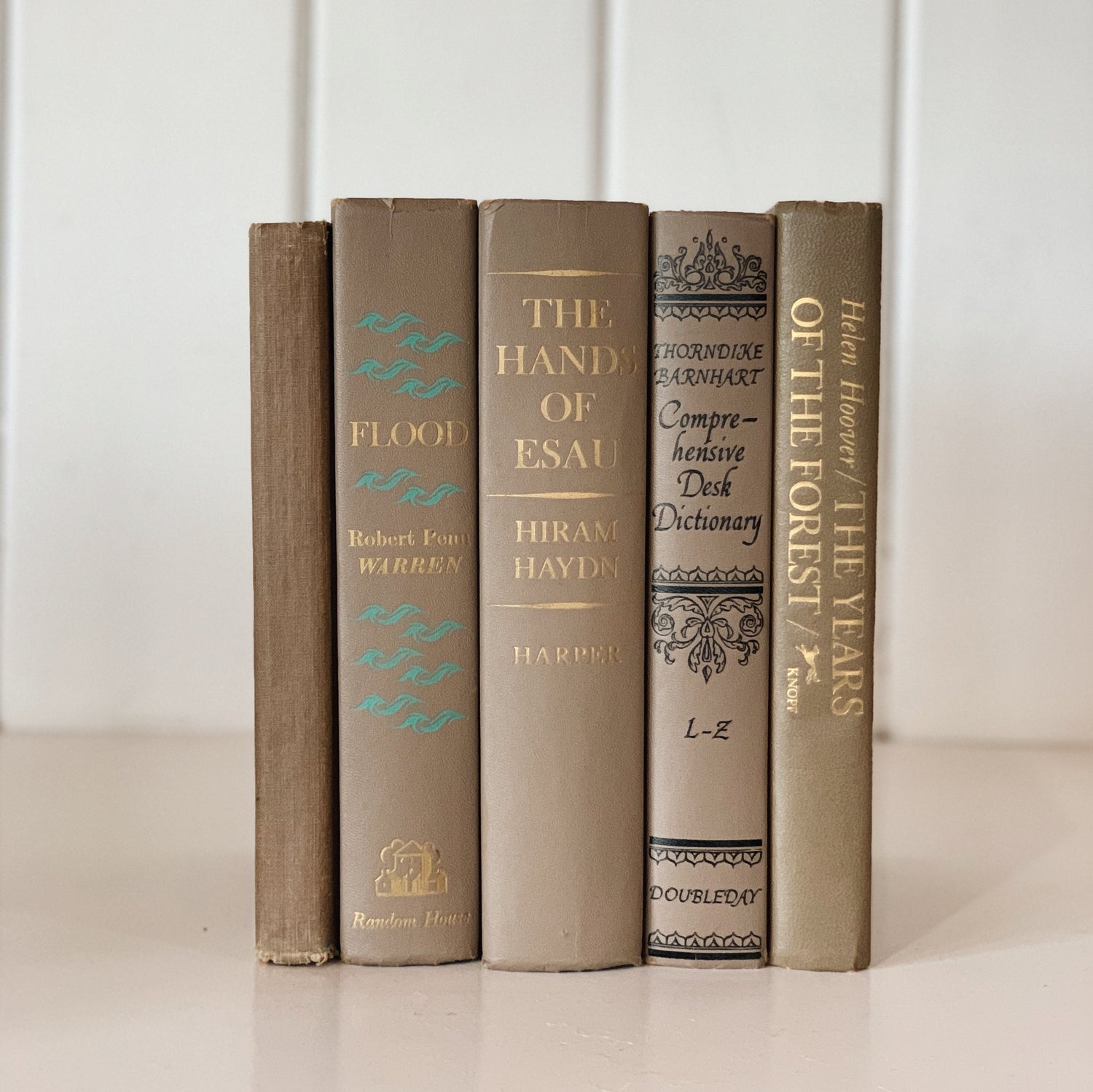 Taupe Bookshelf Decor, Decorative Books, Greige Books, Mid-Century Shelf
