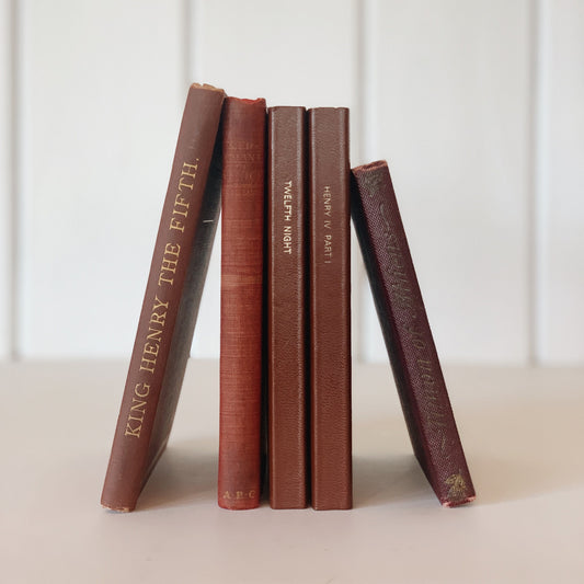 Vintage Red Brown Shakespeare Book Bundle, Rustic Farmhouse Nightstand Side Table Prop