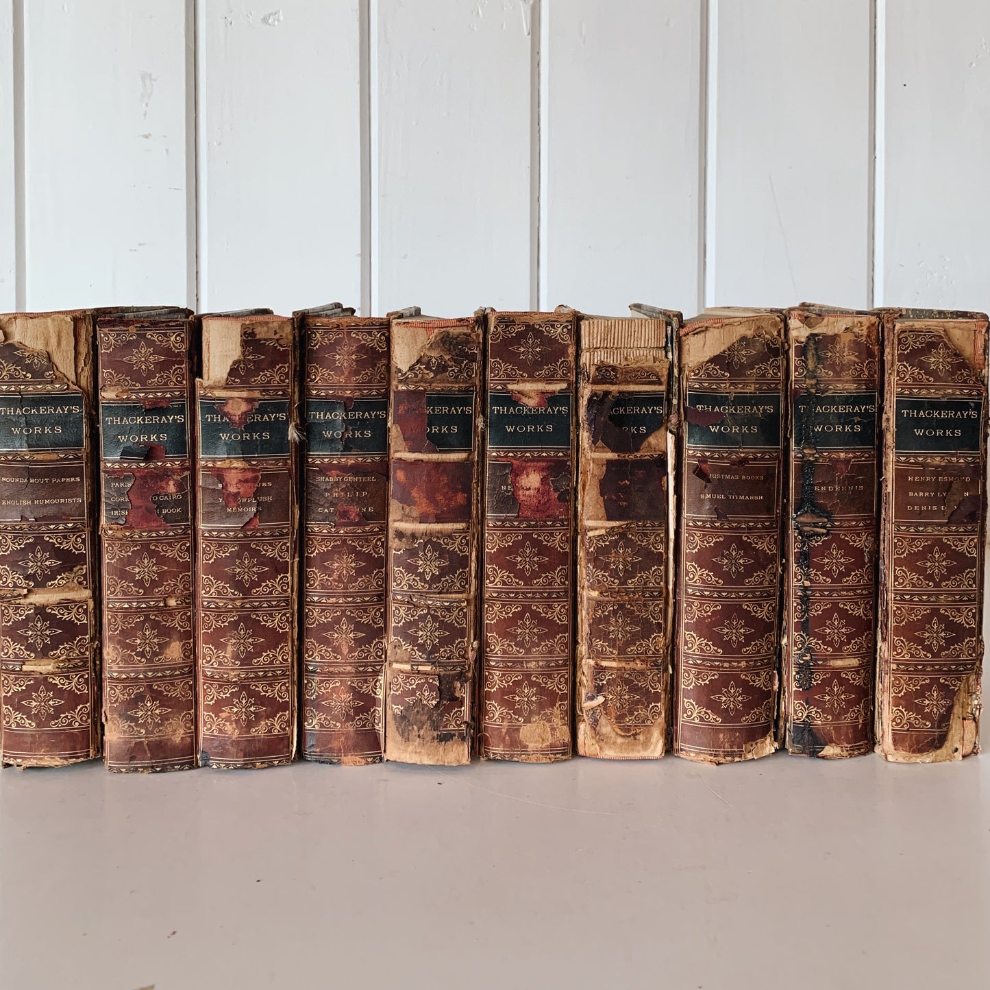 Thackeray’s Complete Works Illustrated, 1859, Shabby Distressed Antique Leather Books