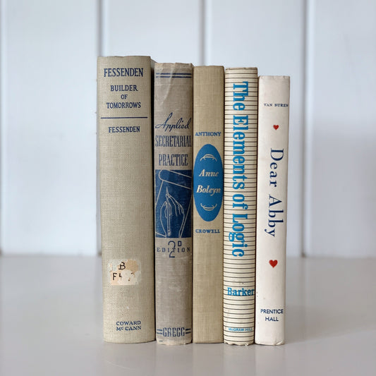 Beige and Blue Vintage Books for Decor, Vintage Bookshelf Decor