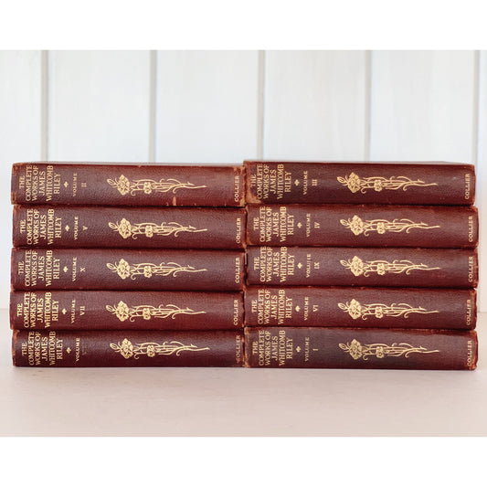 The Complete Works of James Whitcomb Riley, Memorial Edition, 10 Volume Complete Red and Gold Antique Book Set, 1916
