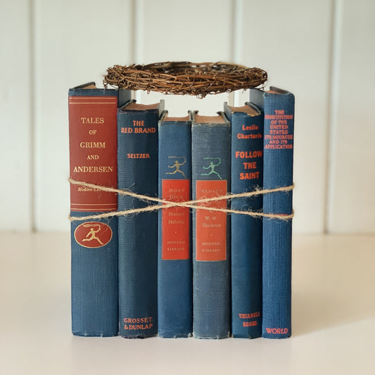 Vintage Navy Blue and Red Book Bundle For Decor, Masculine Mid-Century Handmade Decor