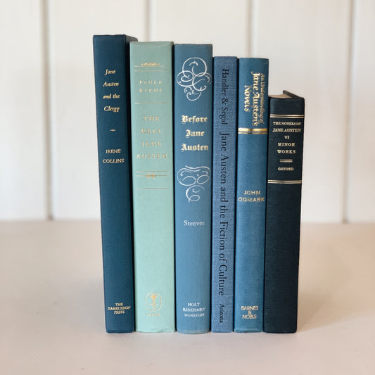 Blue Vintage Jane Austen Books, Nonfiction Books About Jane Austen, Office Library Shelf Styling