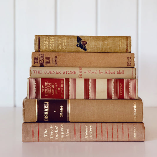 Beige Brow Tan Red Vintage Decorative Books, Masculine Mid-Century Beige and Red Book Bundle, Aesthetic Books for Office Decor