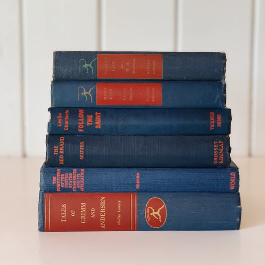 Vintage Navy Blue and Red Book Bundle For Decor, Masculine Mid-Century Handmade Decor
