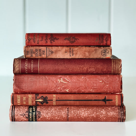 Red Shabby Distressed Vintage Book Bundle, Handmade Bookshelf Decor