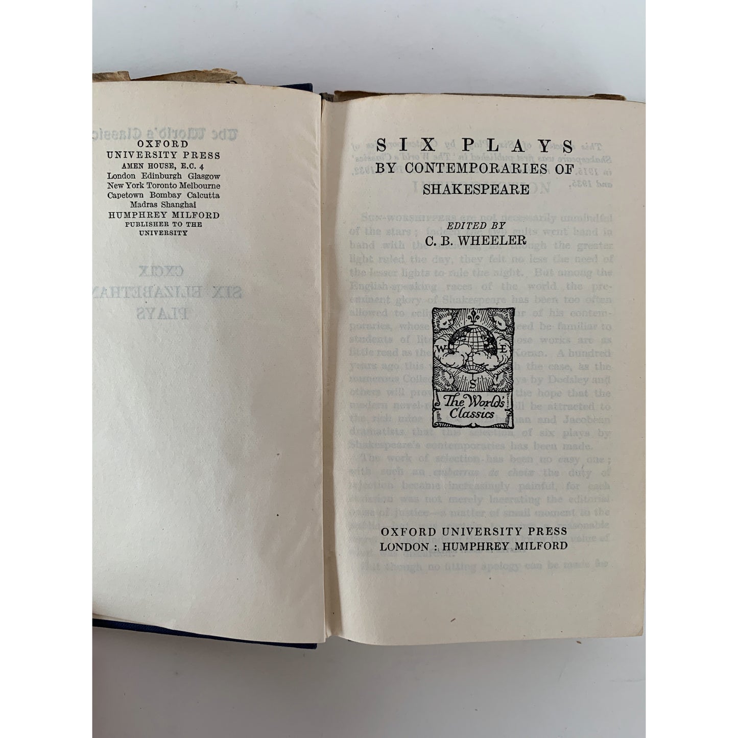 Six Plays by Contemporaries of Shakespeare, 1935 The World's Classics Oxford Press