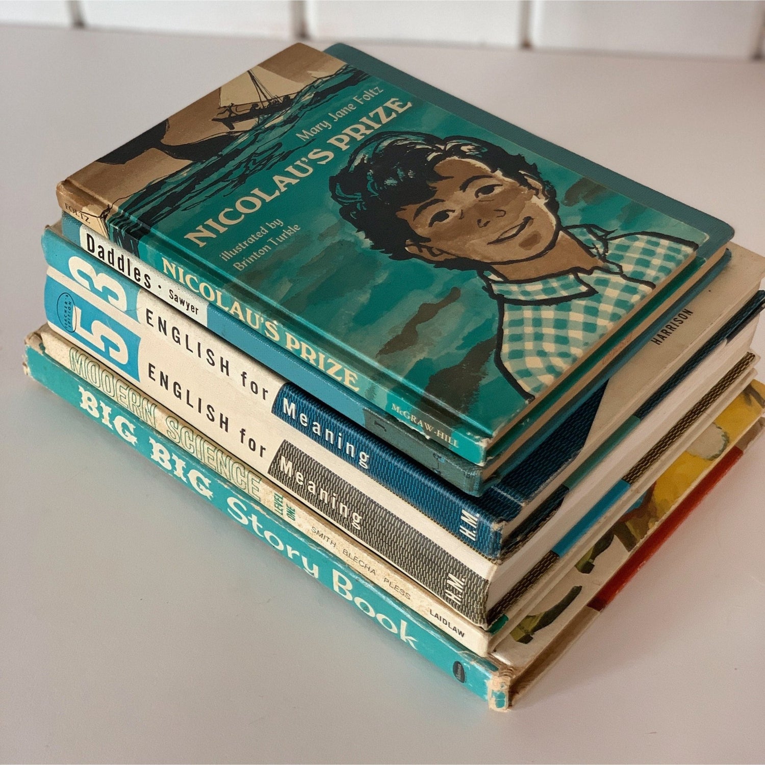 Mid - Century Turquoise and White Children's Books and School Books - Pretty Old Books